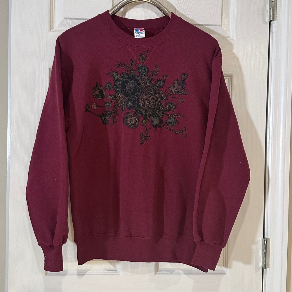 Vintage Russell Athletic Floral Sweatshirt Maroon Burgundy Crewneck‎ Large USA
